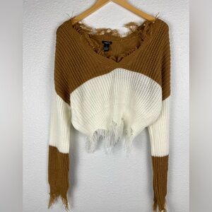 Rue 21 brown white colorblock v-neck destructed hem crop sweater women’s size M